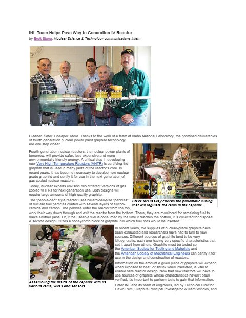 INL Team Helps Pave Way to Generation IV Reactor