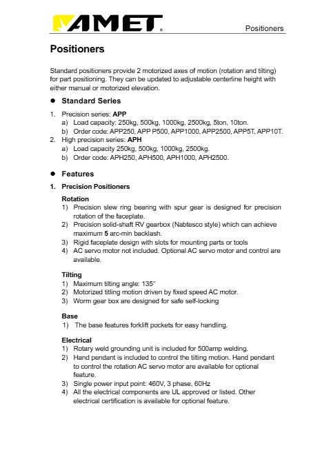 Welding Positioners Series Specification