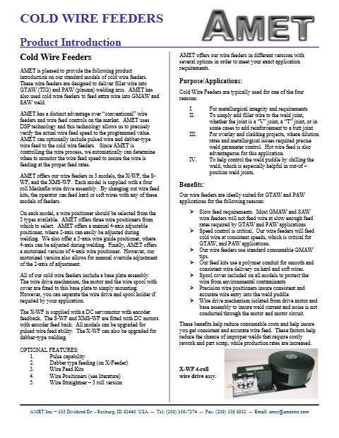 Cold Wire Feeder Tech Spec